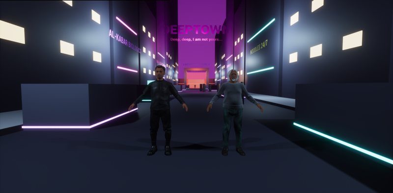 Stryker and Grey on a neon street in Deeptown