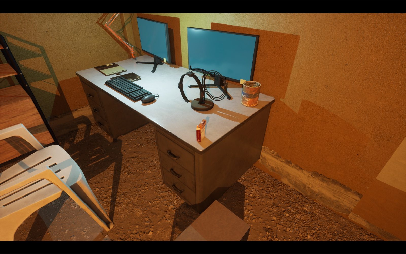 Leon's desk with the neural dive band, in his run-down flat